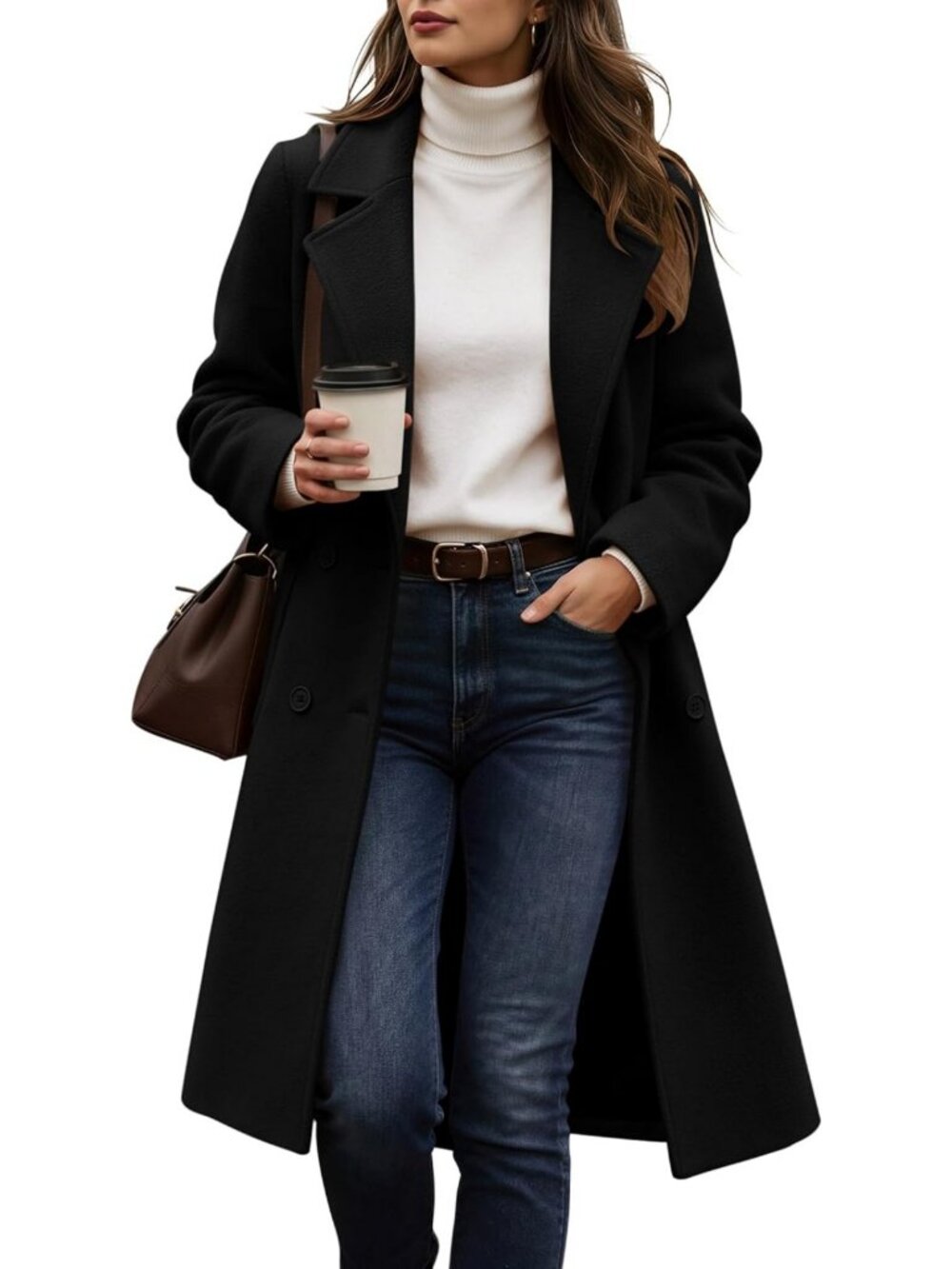 Chic Women's Winter Peacoat, Notch Lapel, Double Breasted, Mid-Length Outerwear